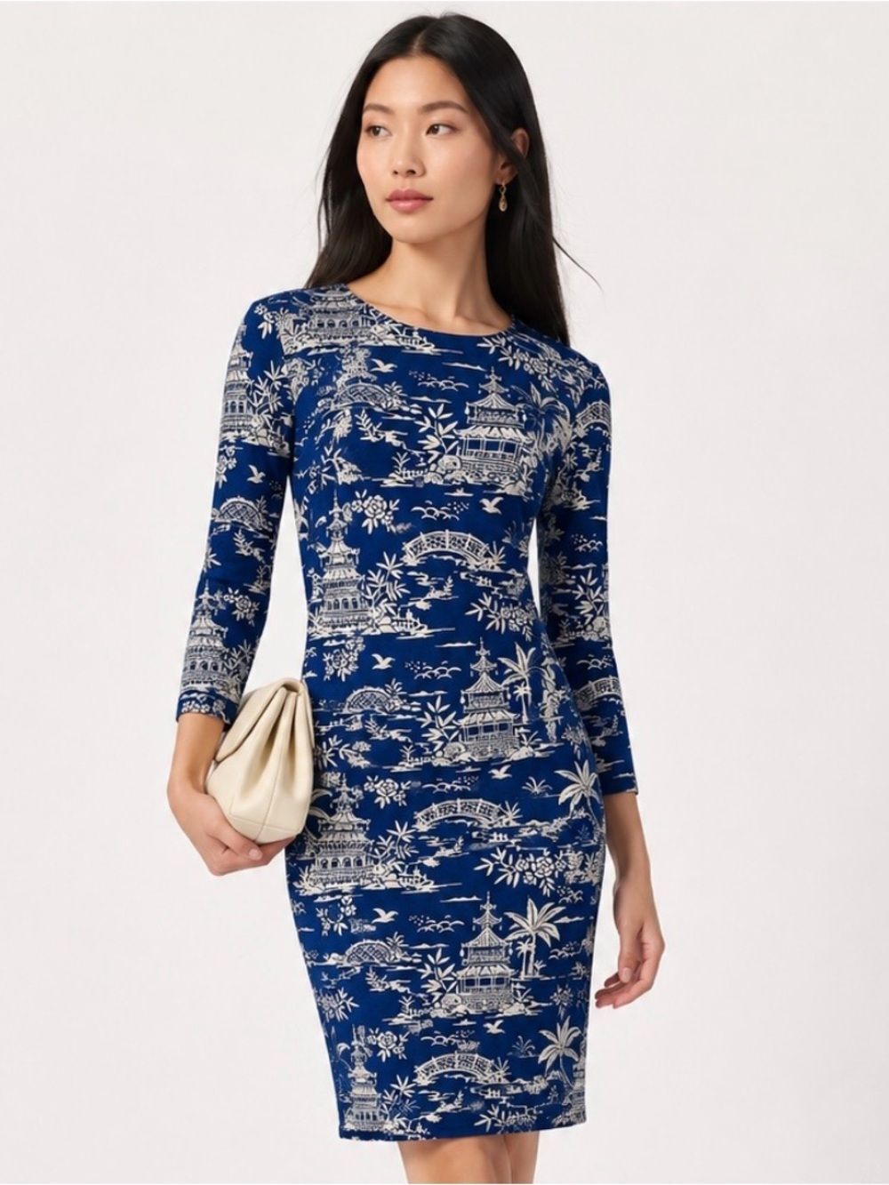 J. McLAUGHLIN Navy and Ivory Scenic Print Long-Sleeve Catalina Dress Size XS